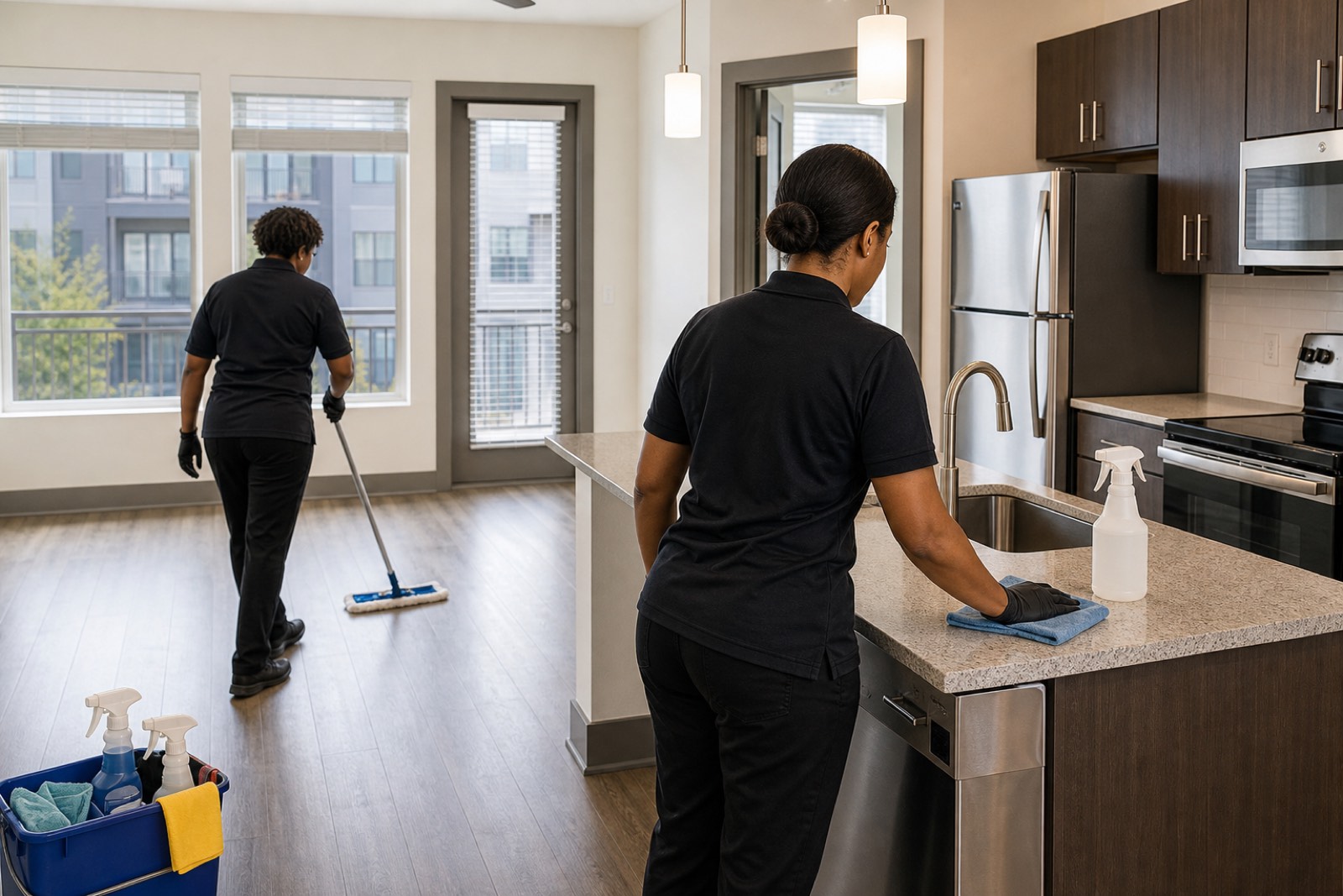 Uniformed Elite Touch cleaning crew working at an Atlanta property