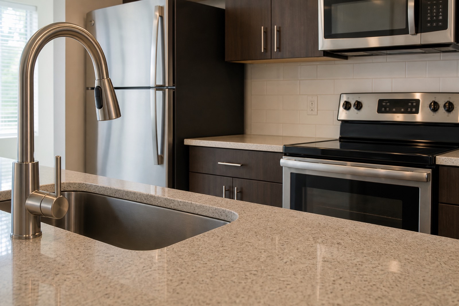 Newly built Alpharetta apartment kitchen cleaned to a Class A move-in standard
