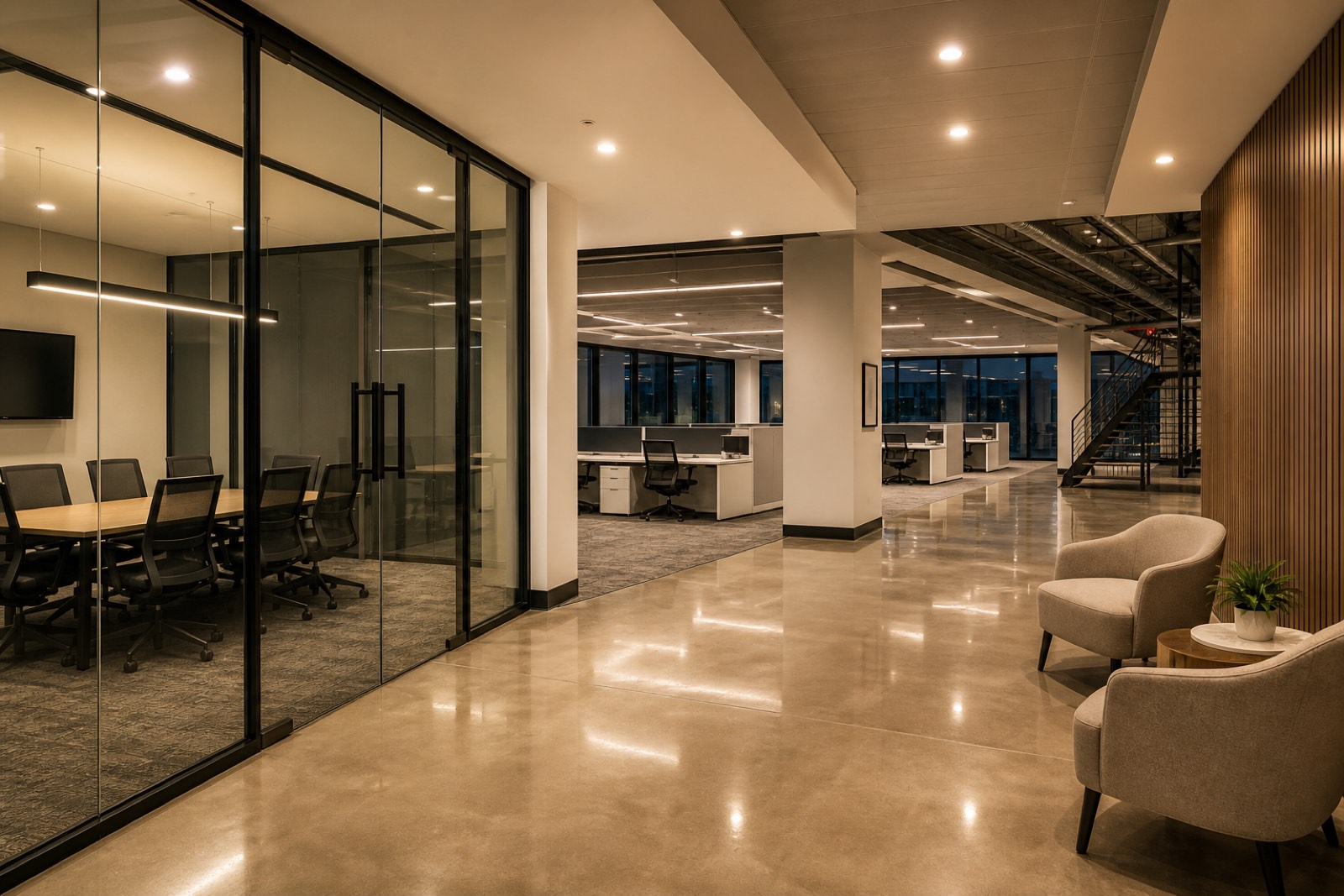 Clean modern commercial office interior in Atlanta, ready before business hours