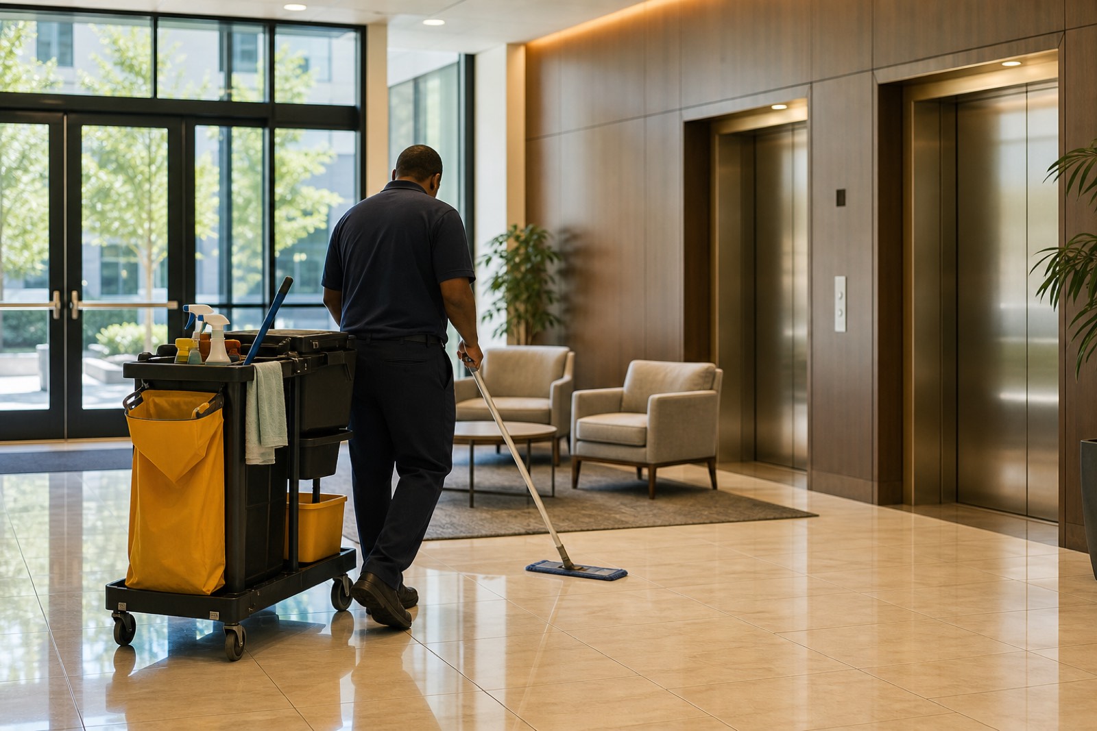 Janitorial day-porter with a cleaning cart in an Atlanta commercial lobby